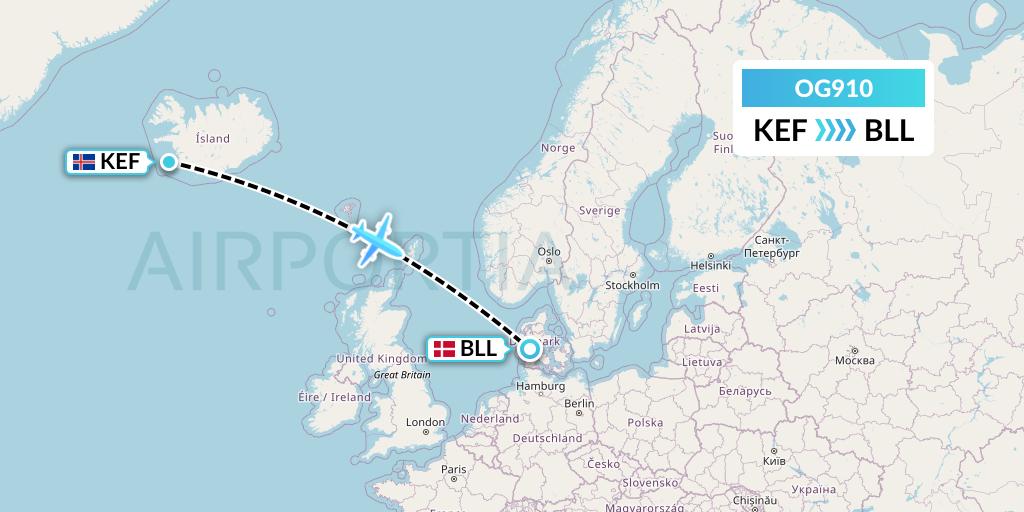 OG910 Fly Play Flight Map: Reykjavik to Billund