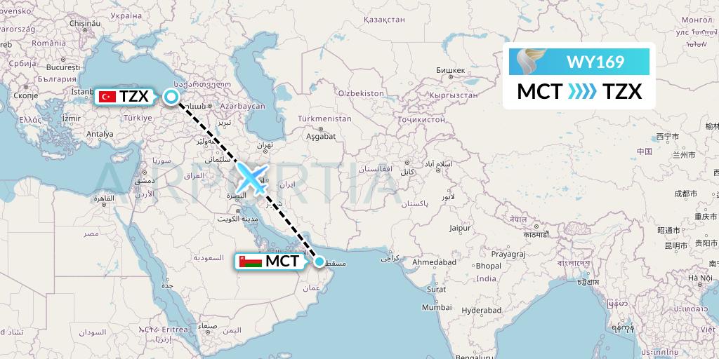 WY169 Oman Air Flight Map: Muscat to Trabzon