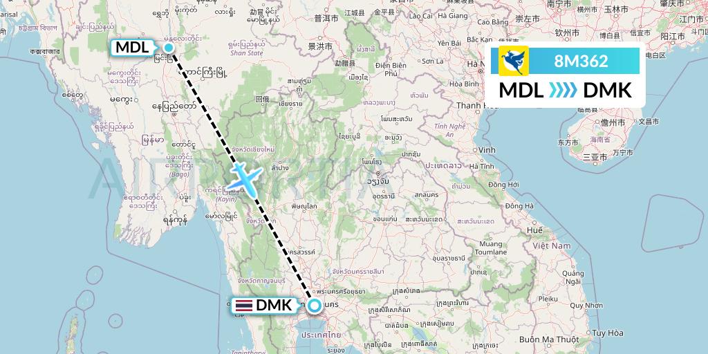 8M362 Myanmar Airways International Flight Map: Mandalay to Bangkok