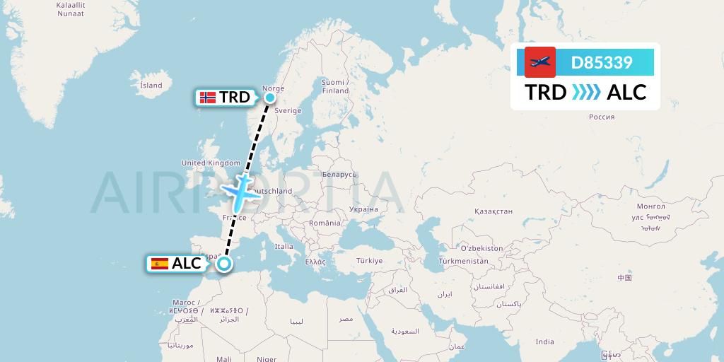 D85339 Norwegian Air International Flight Map: Trondheim to Alicante