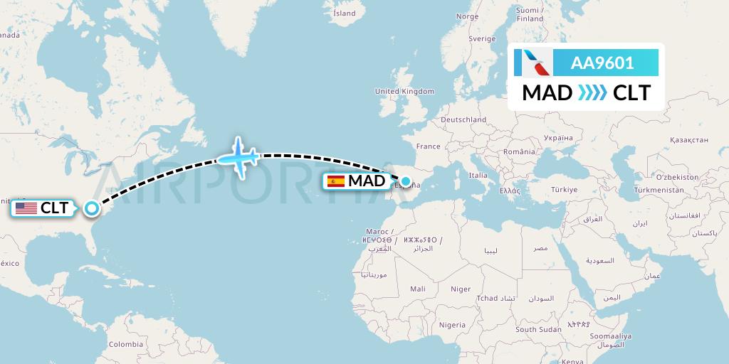 AA9601 American Airlines Flight Map: Madrid to Charlotte