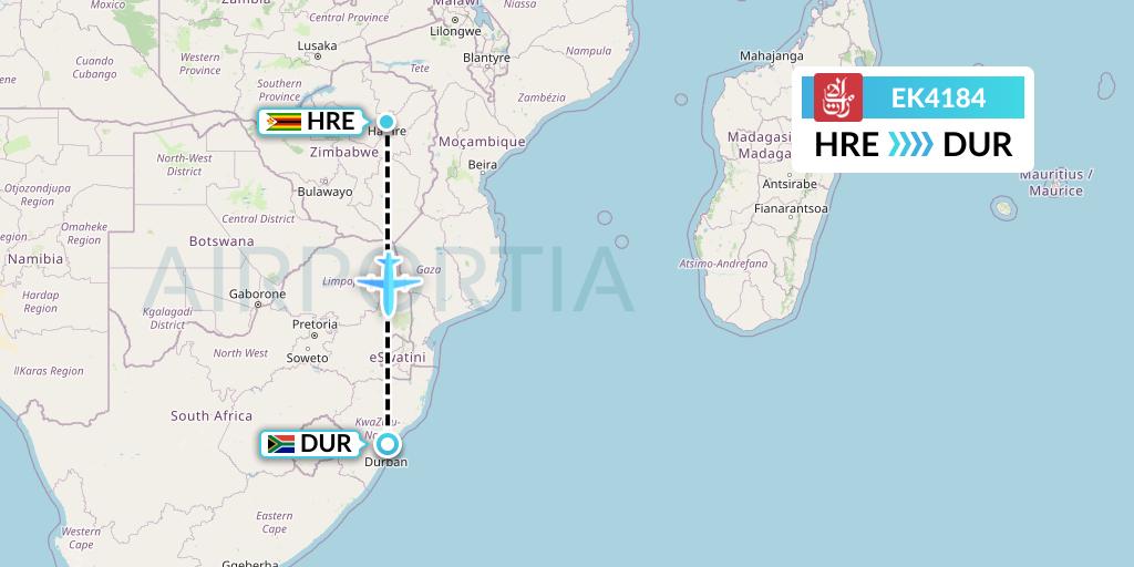 EK4184 Emirates Flight Map: Harare to Durban