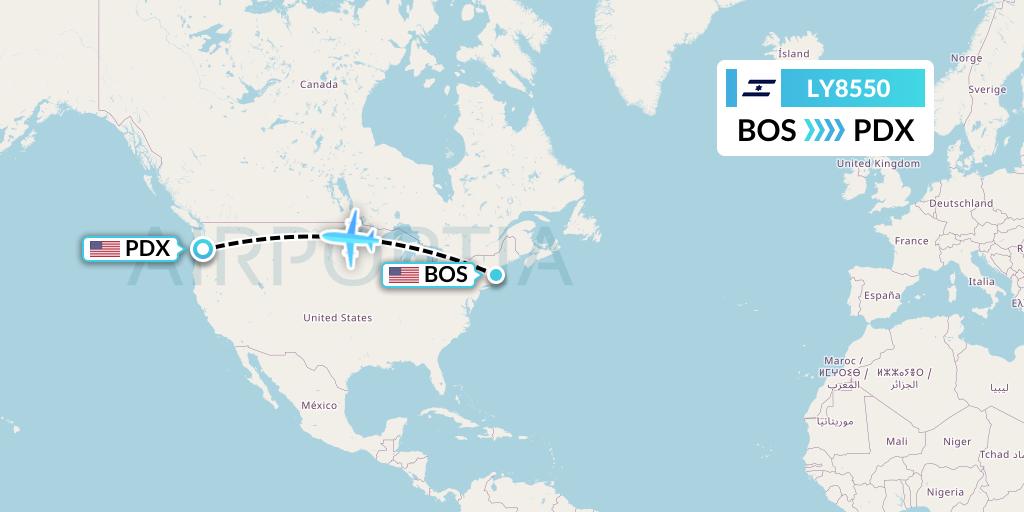 LY8550 El Al Flight Map: Boston to Portland