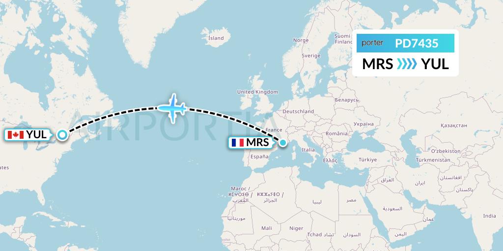 PD7435 Porter Airlines Flight Map: Marseille to Montreal