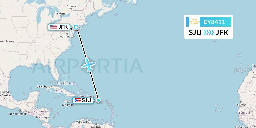 EY8411 Etihad Airways Flight Map: San Juan to New York