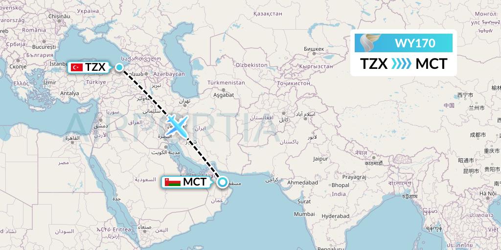 WY170 Oman Air Flight Map: Trabzon to Muscat