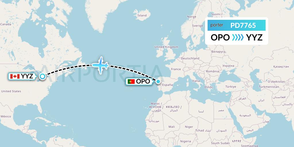 PD7765 Porter Airlines Flight Map: Porto to Toronto
