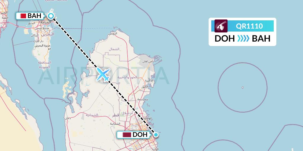 QR1110 Qatar Airways Flight Map: Doha to Bahrain