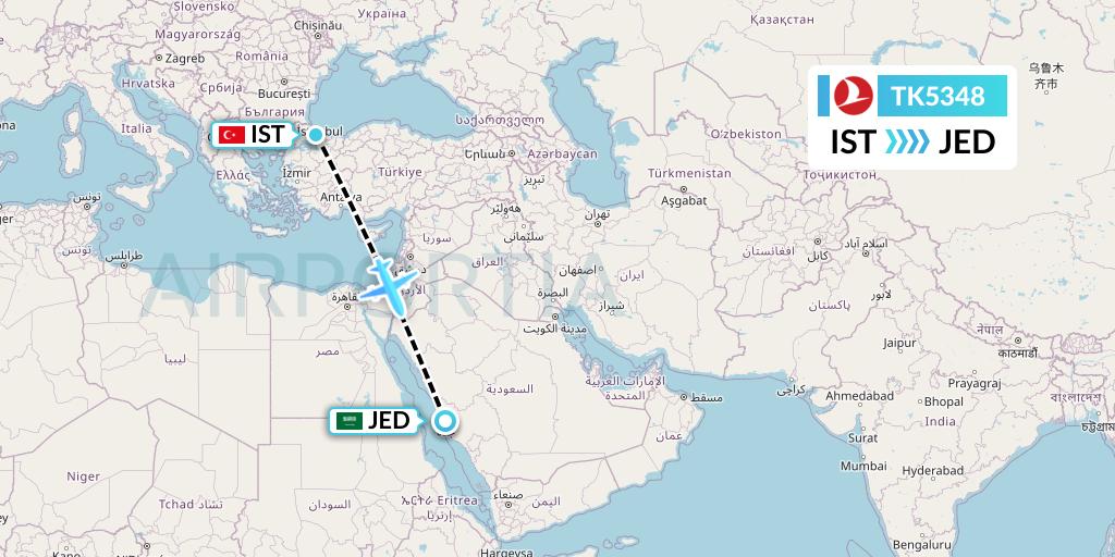TK5348 Turkish Airlines Flight Map: Istanbul to Jeddah