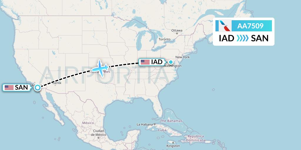 AA7509 American Airlines Flight Map: Washington to San Diego