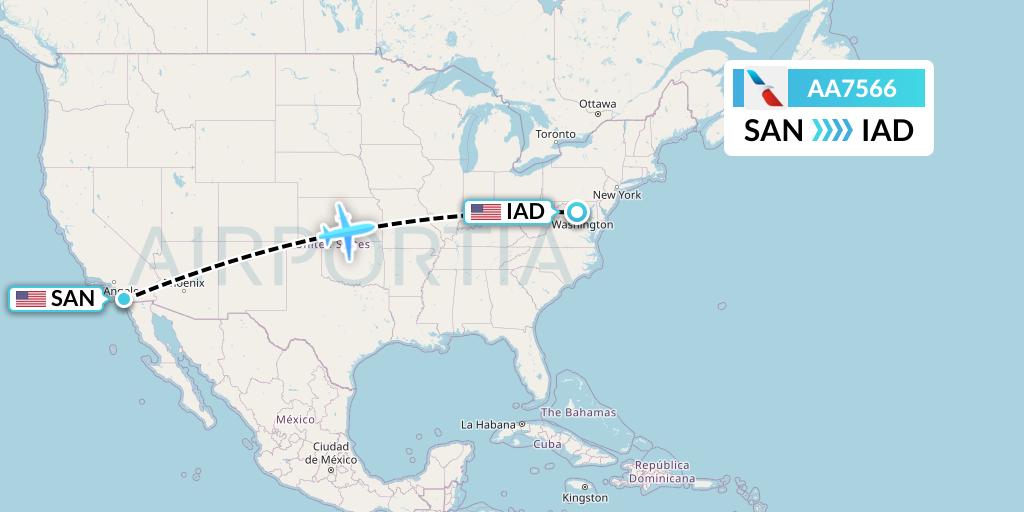AA7566 American Airlines Flight Map: San Diego to Washington