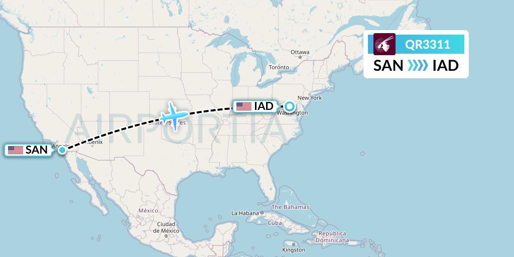 QR3311 Qatar Airways Flight Map: San Diego to Washington