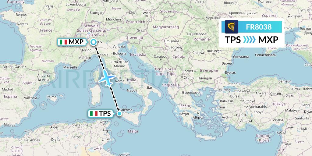 FR8038 Ryanair Flight Map: Trapani to Milan