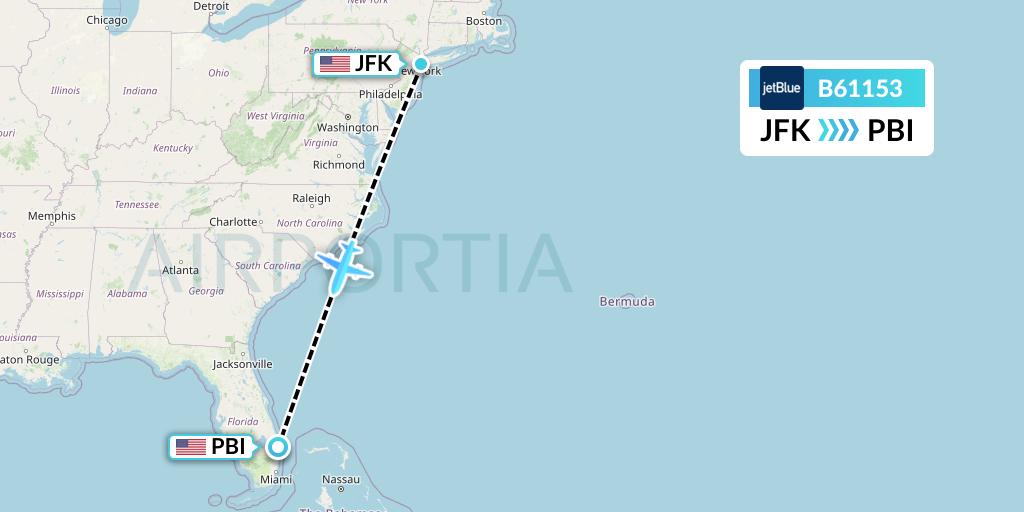 B61153 JetBlue Airways Flight Map: New York to West Palm Beach