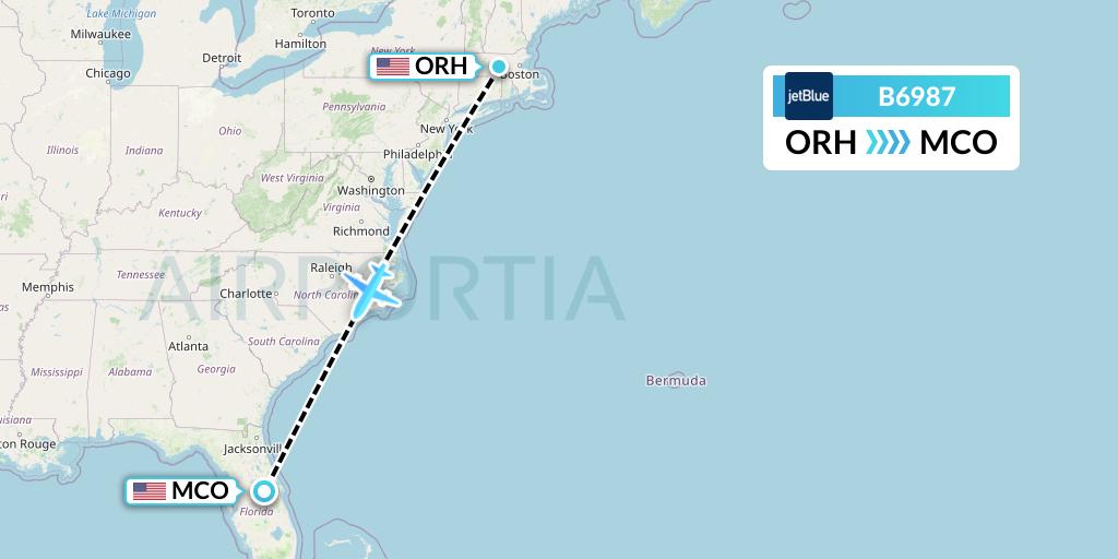 B6987 JetBlue Airways Flight Map: Worcester to Orlando