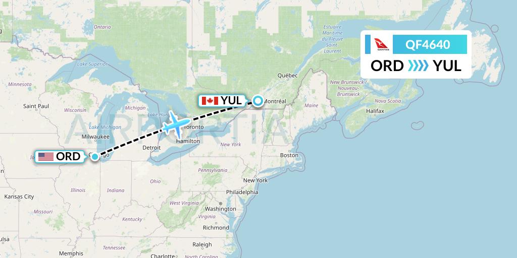 QF4640 Qantas Flight Map: Chicago to Montreal
