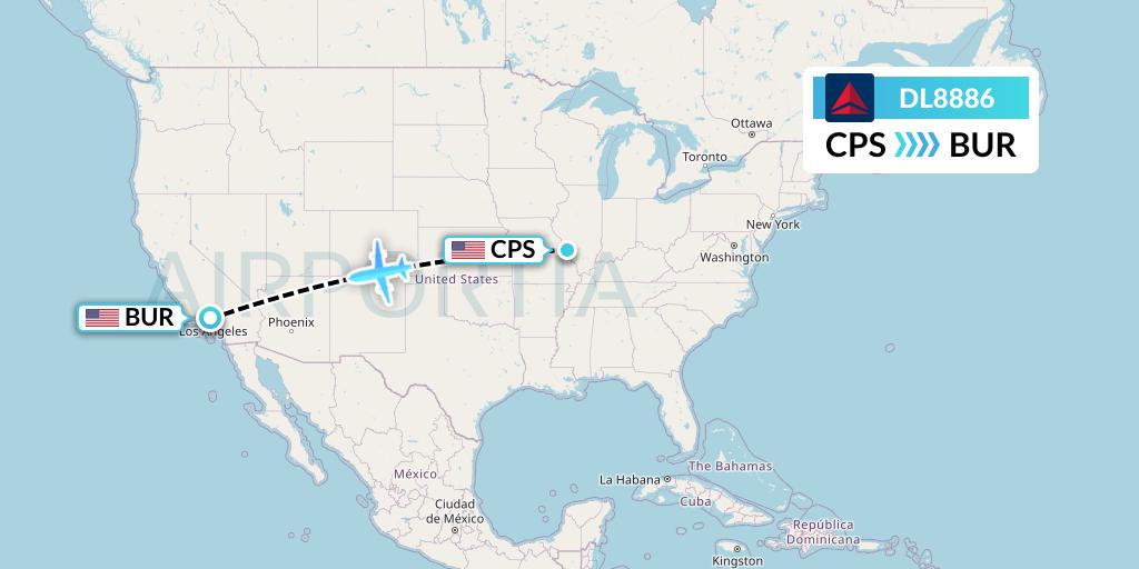 DL8886 Delta Air Lines Flight Map: St. Louis to Burbank