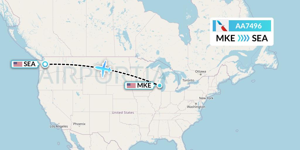 AA7496 American Airlines Flight Map: Milwaukee to Seattle
