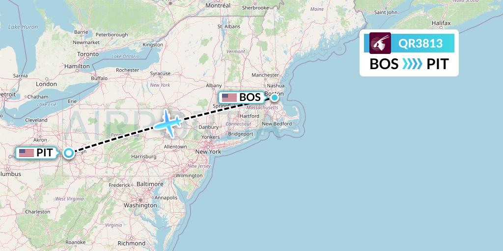 QR3813 Qatar Airways Flight Map: Boston to Pittsburgh