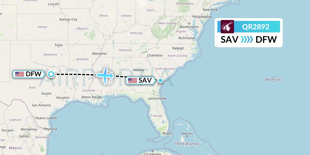 QR2892 Qatar Airways Flight Map: Savannah to Dallas