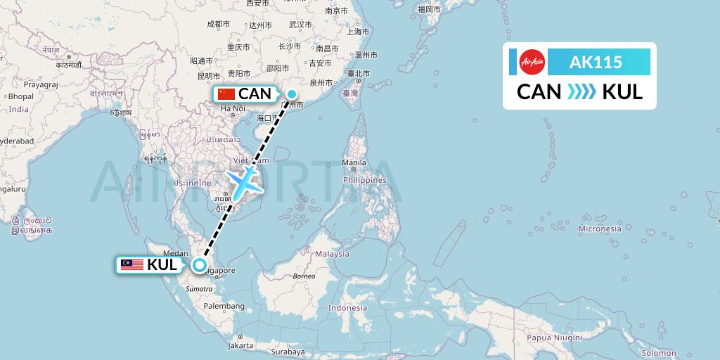 AK115 AirAsia Flight Map: Guangzhou to Kuala Lumpur
