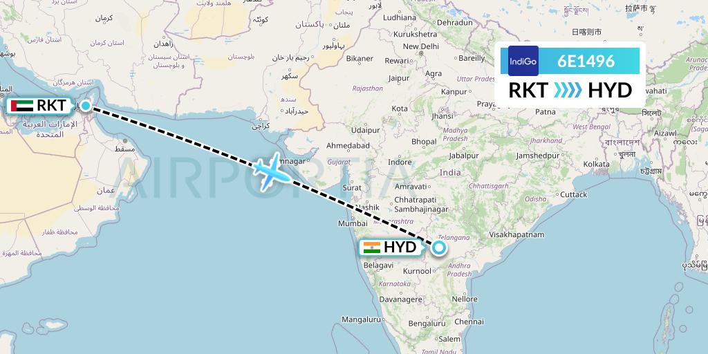 6E1496 IndiGo Airlines Flight Map: Ra'sal-Khaymah to Hyderabad