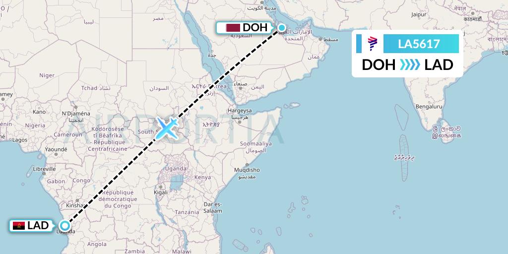 LA5617 LAN Airlines Flight Map: Doha to Luanda