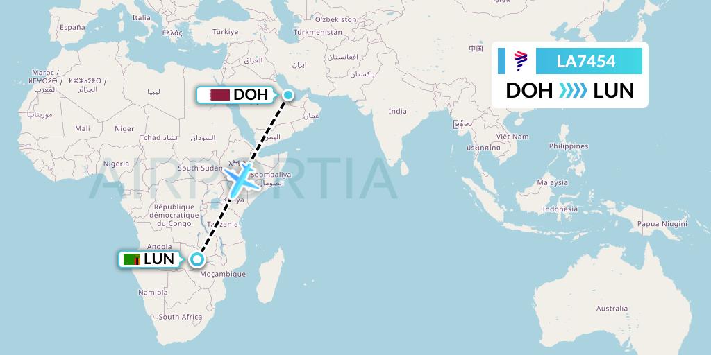 LA7454 LAN Airlines Flight Map: Doha to Lusaka