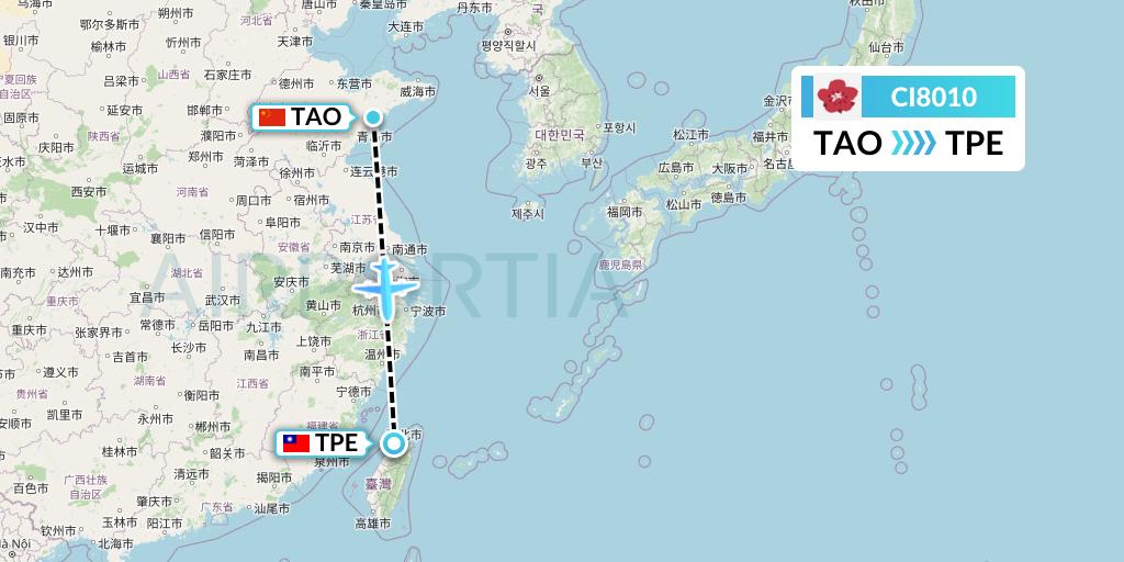 CI8010 China Airlines Flight Map: Qingdao to Taipei