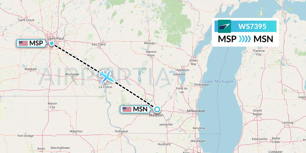 WS7395 WestJet Flight Map: Minneapolis to Madison