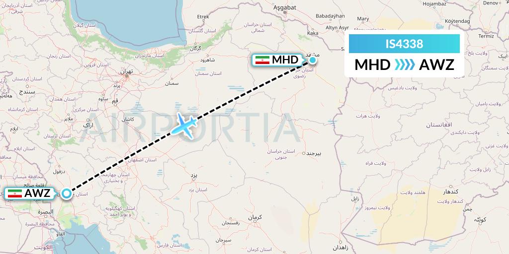 IS4338 Sepehran Airlines Flight Map: Mashhad to Ahvaz