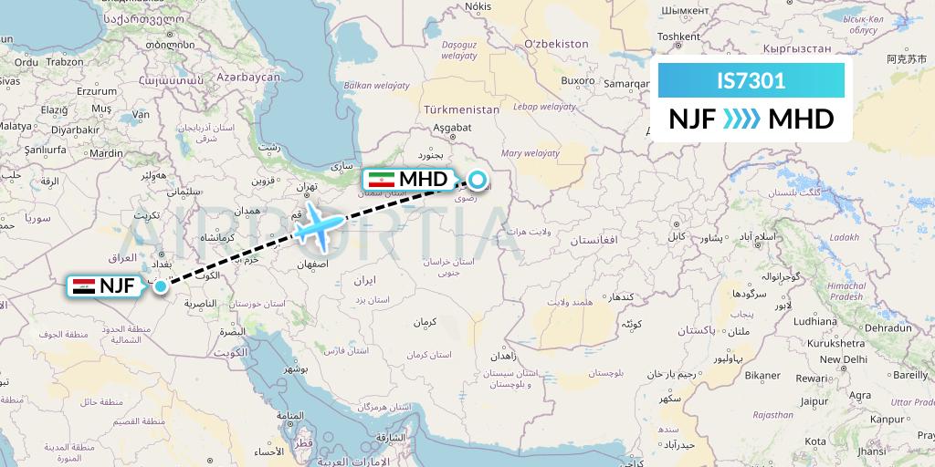 IS7301 Sepehran Airlines Flight Map: Najaf to Mashhad