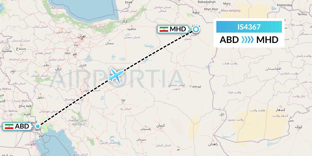 IS4367 Sepehran Airlines Flight Map: Abadan to Mashhad