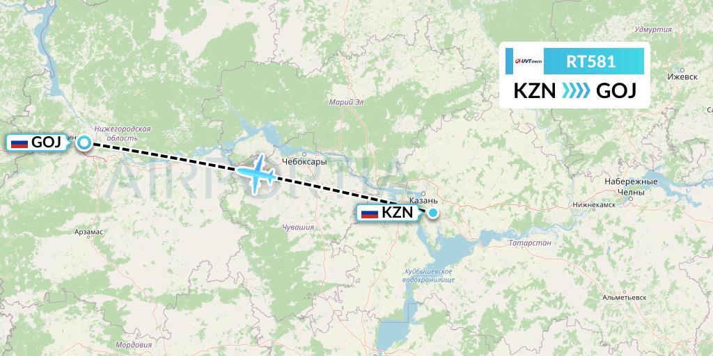 RT581 UVT aero Flight Map: Kazan to Nizhny Novgorod