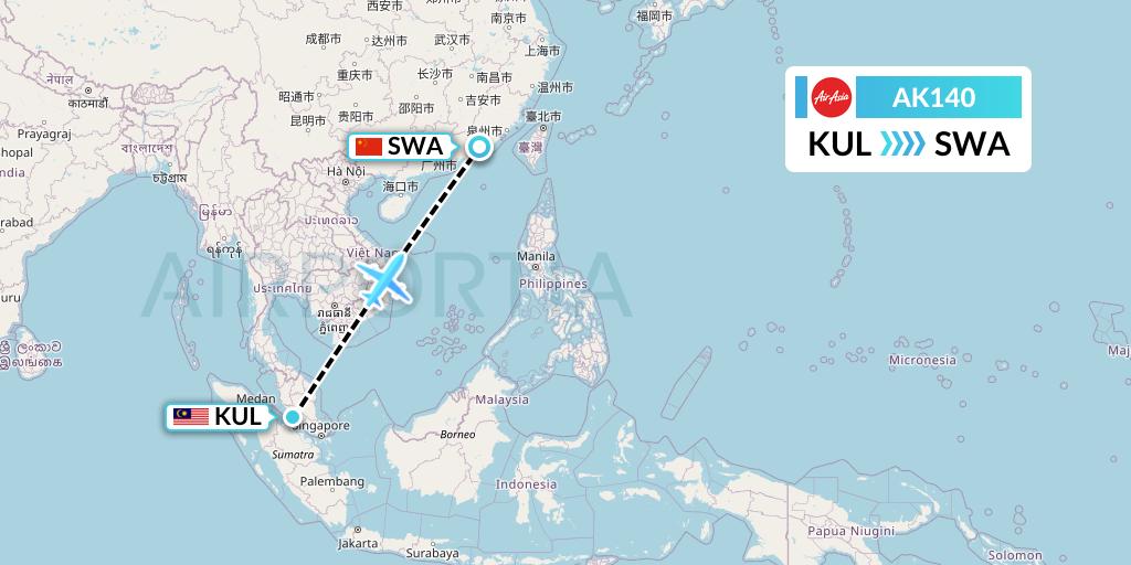 AK140 AirAsia Flight Map: Kuala Lumpur to Jieyang