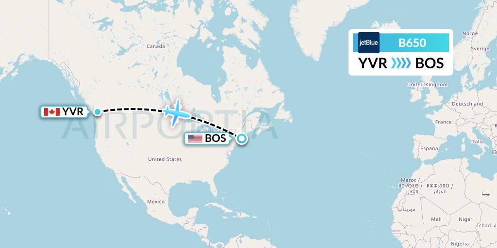 B650 JetBlue Airways Flight Map: Vancouver to Boston