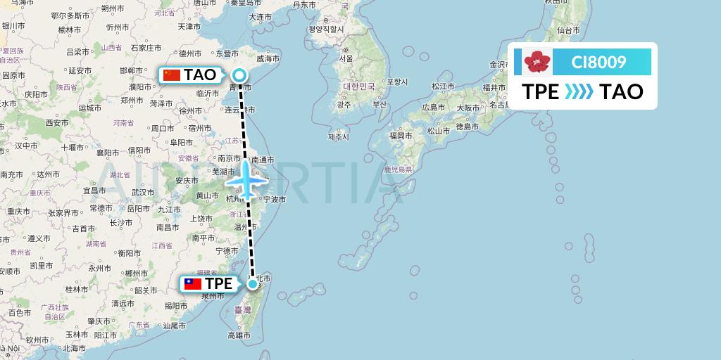 CI8009 China Airlines Flight Map: Taipei to Qingdao