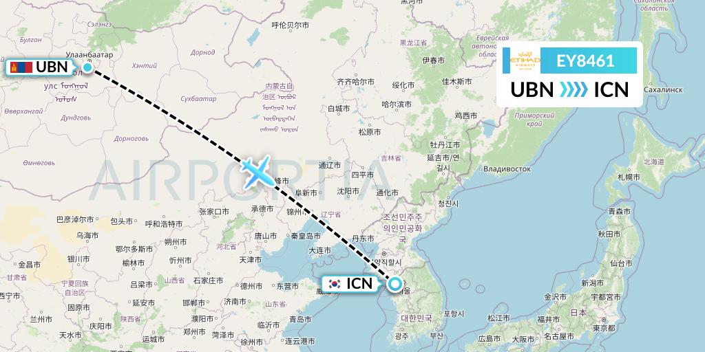 EY8461 Etihad Airways Flight Map: Ulan Bator to Seoul