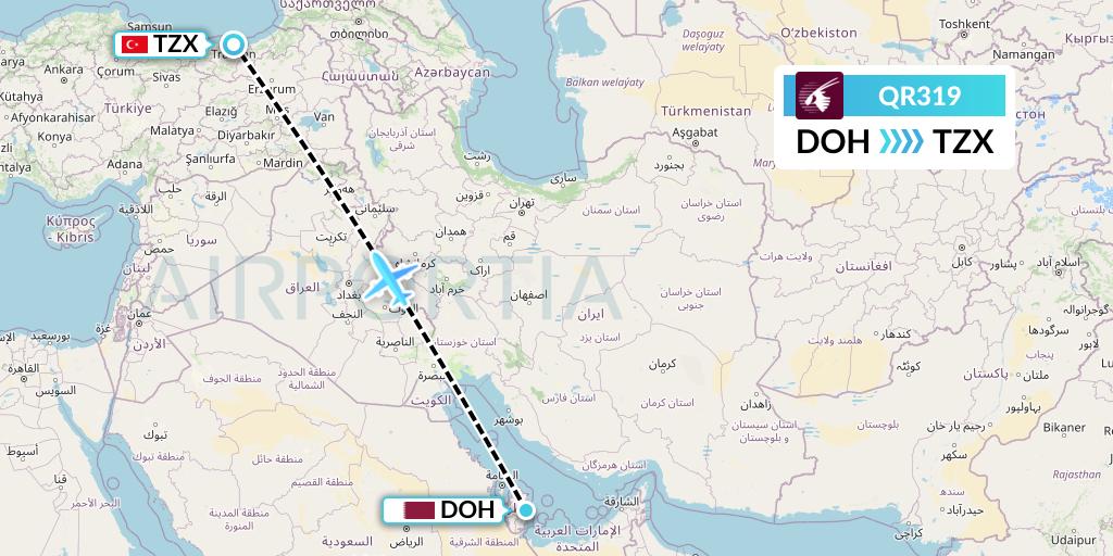 QR319 Qatar Airways Flight Map: Doha to Trabzon