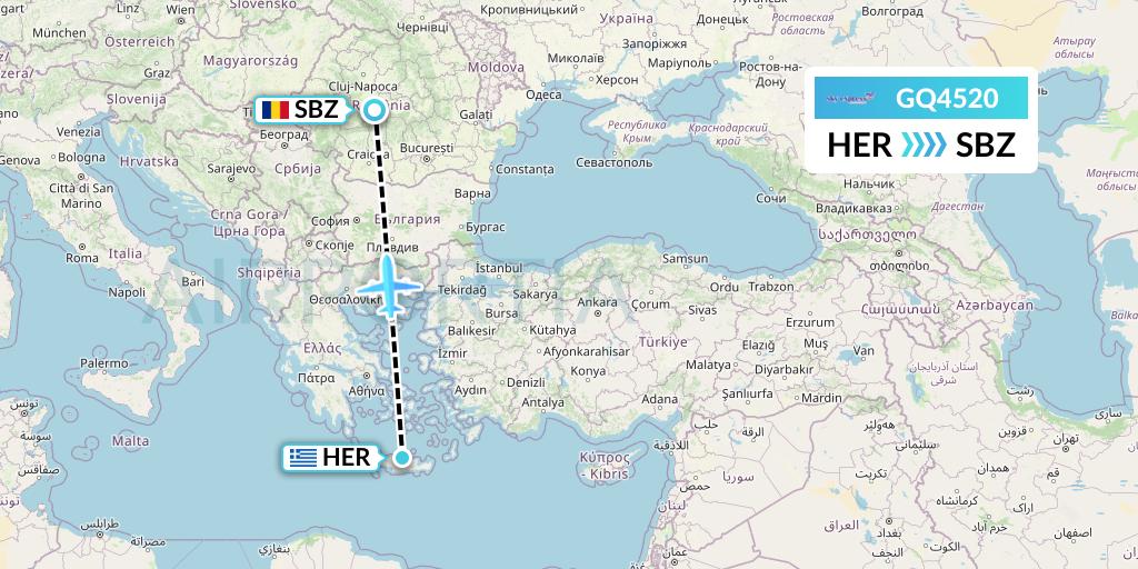 GQ4520 Sky Express (Greece) Flight Map: Heraklion to Sibiu