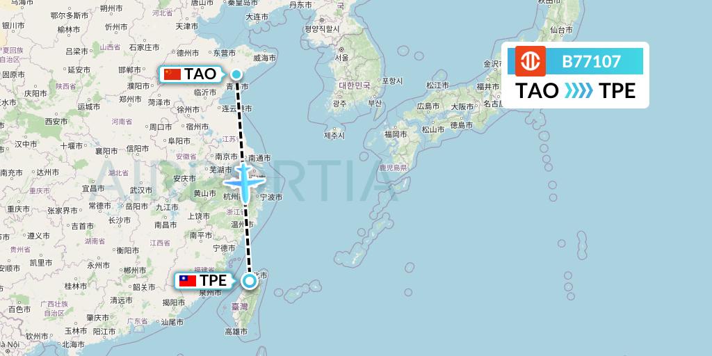 B77107 UNI Air Flight Map: Qingdao to Taipei