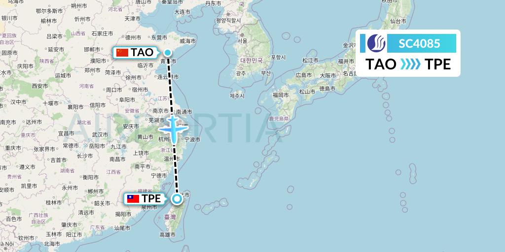 SC4085 Shandong Airlines Flight Map: Qingdao to Taipei