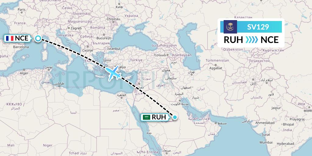 SV129 Saudi Arabian Airlines Flight Map: Riyadh to Nice