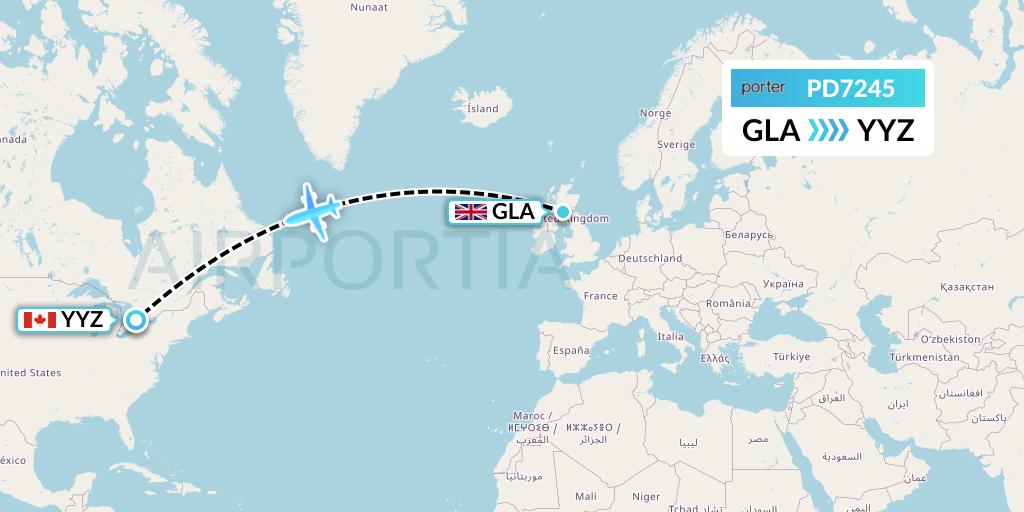 PD7245 Porter Airlines Flight Map: Glasgow to Toronto