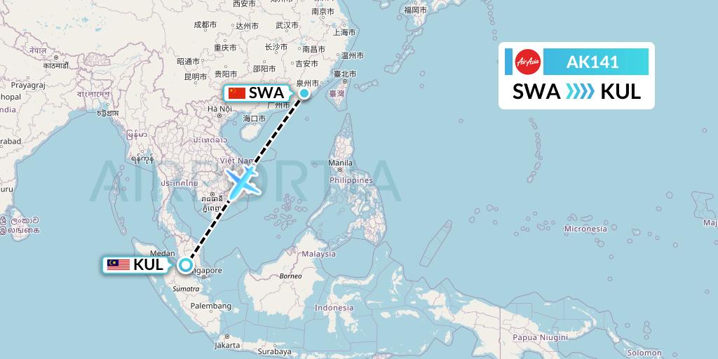 AK141 AirAsia Flight Map: Jieyang to Kuala Lumpur