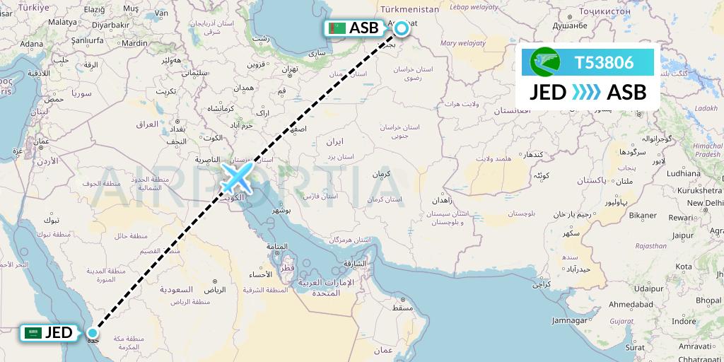 T53806 Turkmenistan Airlines Flight Map: Jeddah to Ashgabat