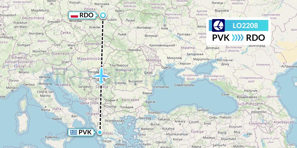 LO2208 LOT Flight Map: Preveza to Radom
