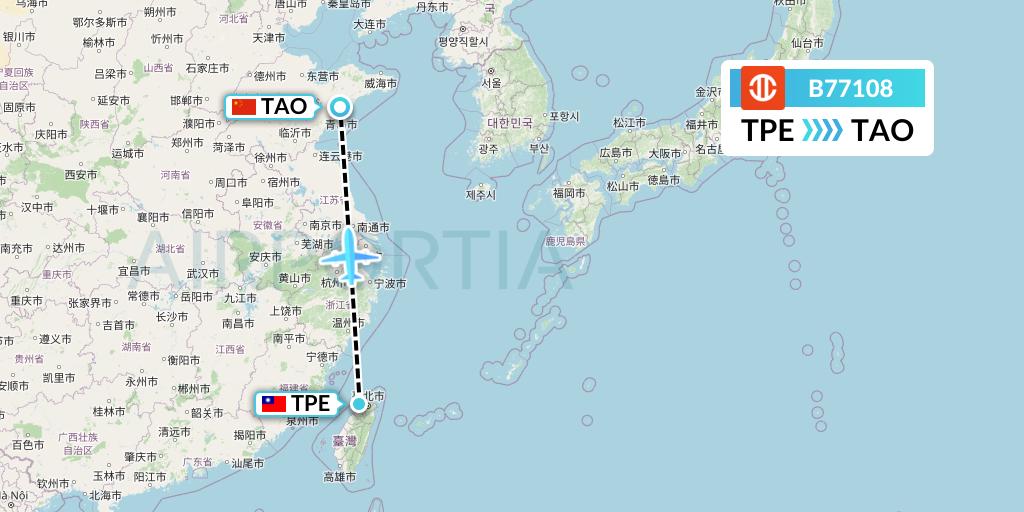 B77108 UNI Air Flight Map: Taipei to Qingdao