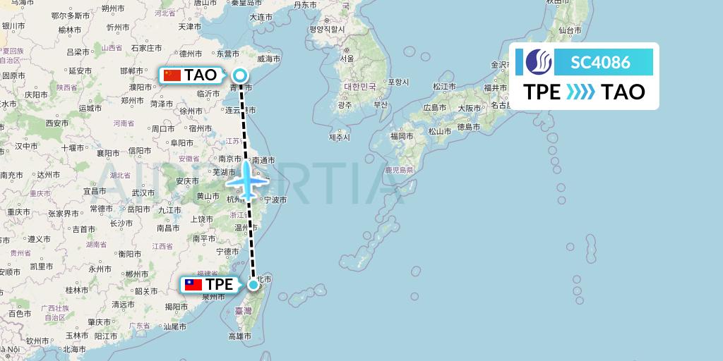 SC4086 Shandong Airlines Flight Map: Taipei to Qingdao