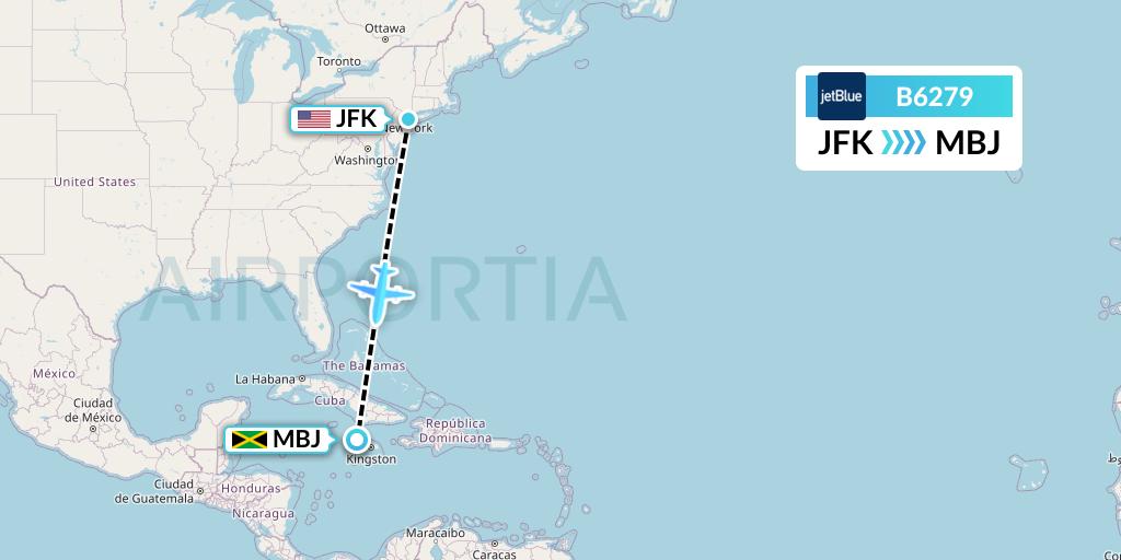 B6279 JetBlue Airways Flight Map: New York to Montego Bay